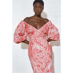 Mara Hoffman Red and White Off-Shoulder Midi Dress